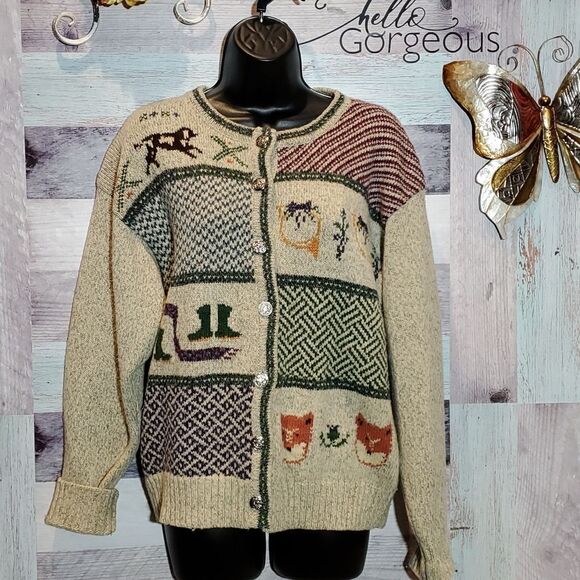 Woolrich Vintage Wool Cardigan Fox Dog Winter Fun, Sz M - Picture 1 of 8